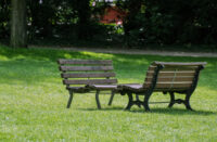 Deux bancs se faisant face sur une pelouse en lisière de forêt.